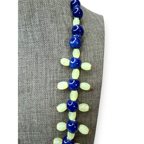 Vintage Green Uranium Glowing Glass Blue Ceramic Bead Necklace 21.5” Hook Clasp - Picture 4 of 10